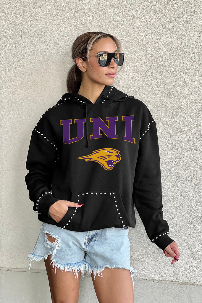 NORTHERN IOWA PANTHERS BELLE OF THE BALL STUDDED DETAIL FLEECE FRONT POCKET HOODIE