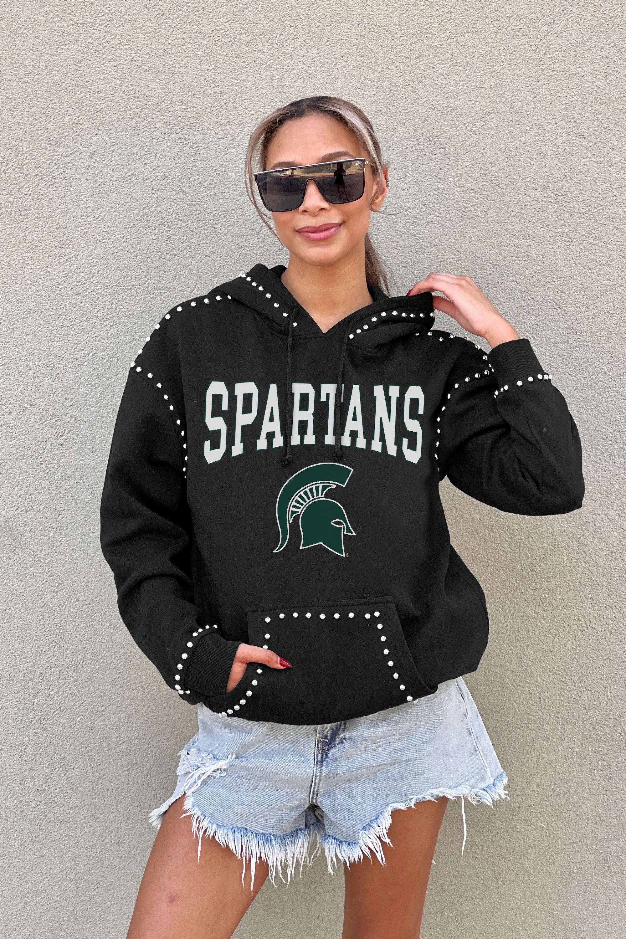 MICHIGAN STATE SPARTANS BELLE OF THE BALL STUDDED DETAIL FLEECE FRONT POCKET HOODIE