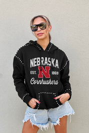 NEBRASKA CORNHUSKERS HERE FOR IT STUDDED DETAIL FLEECE FRONT POCKET HOODIE