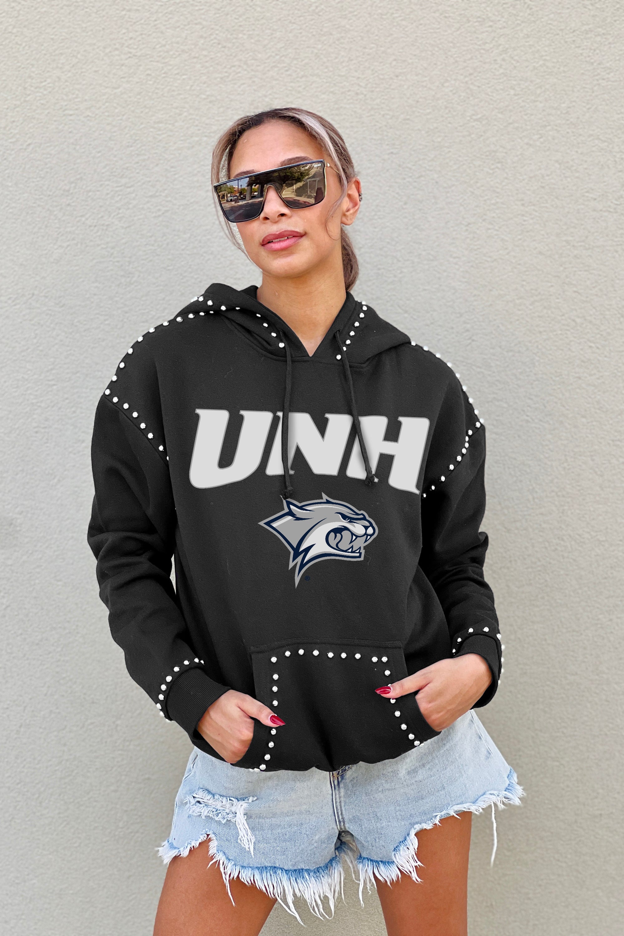 NEW HAMPSHIRE WILDCATS BELLE OF THE BALL STUDDED DETAIL FLEECE FRONT POCKET HOODIE