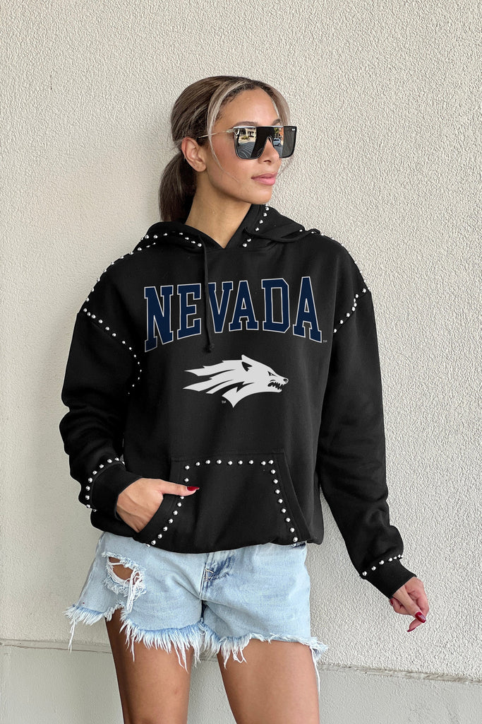 NEVADA WOLF PACK BELLE OF THE BALL STUDDED DETAIL FLEECE FRONT POCKET HOODIE