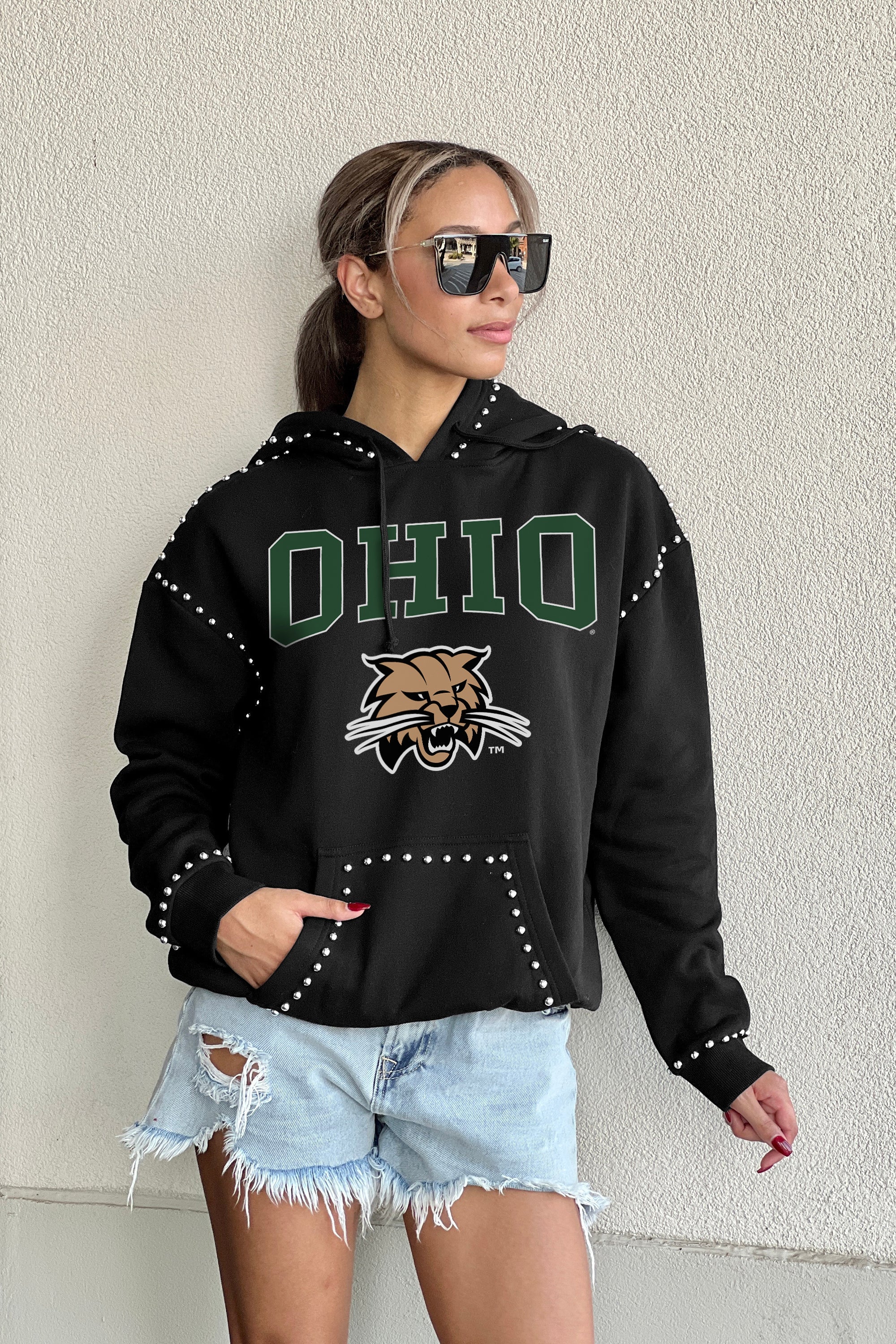OHIO BOBCATS BELLE OF THE BALL STUDDED DETAIL FLEECE FRONT POCKET HOODIE