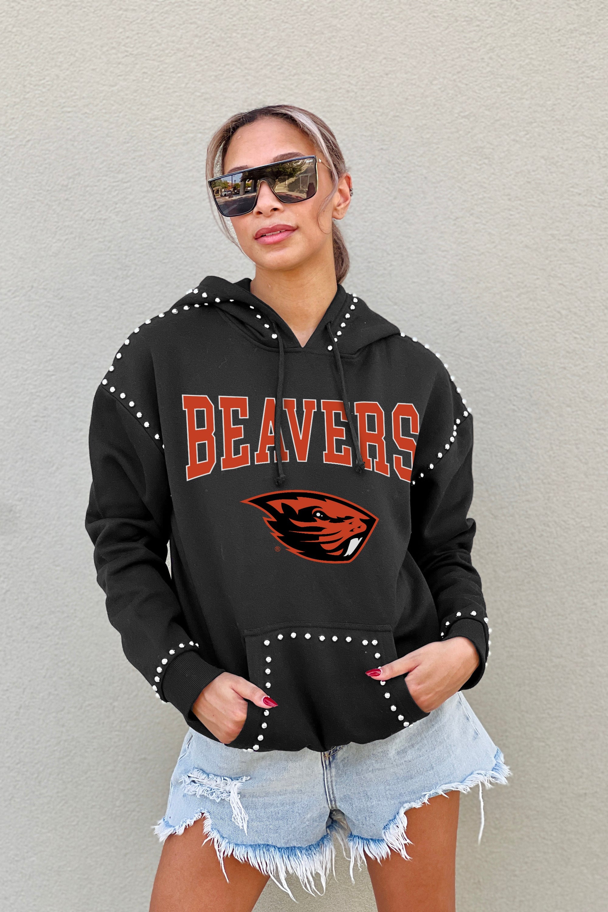 OREGON STATE BEAVERS BELLE OF THE BALL STUDDED DETAIL FLEECE FRONT POCKET HOODIE