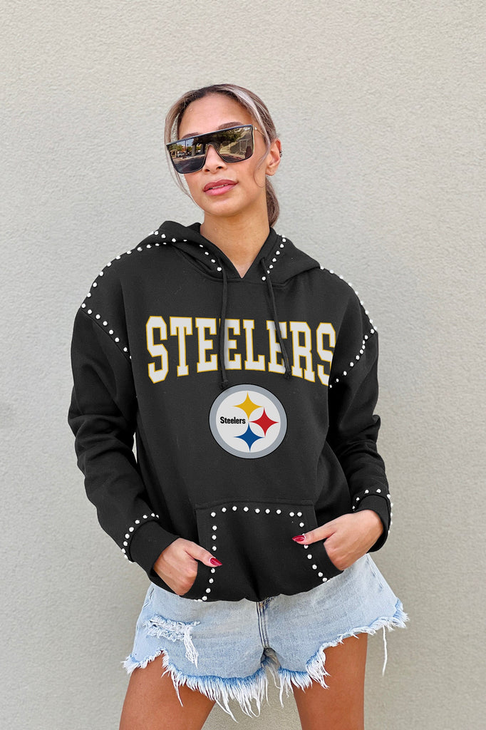 PITTSBURGH STEELERS CATCH THE VIBE STUDDED DETAIL FLEECE FRONT POCKET HOODIE