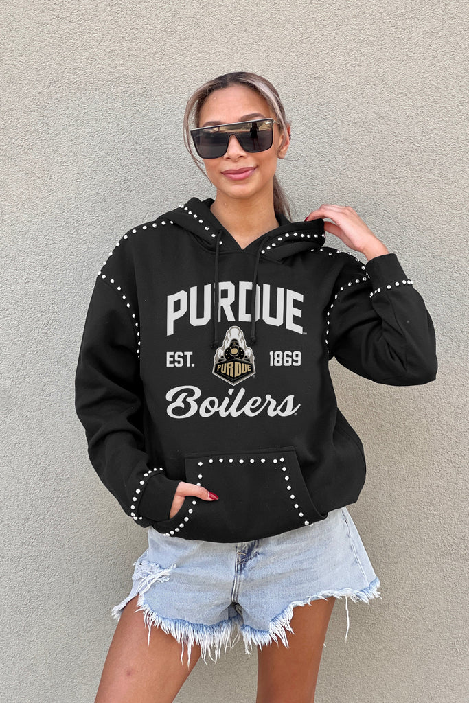 PURDUE BOILERMAKERS HERE FOR IT STUDDED DETAIL FLEECE FRONT POCKET HOODIE