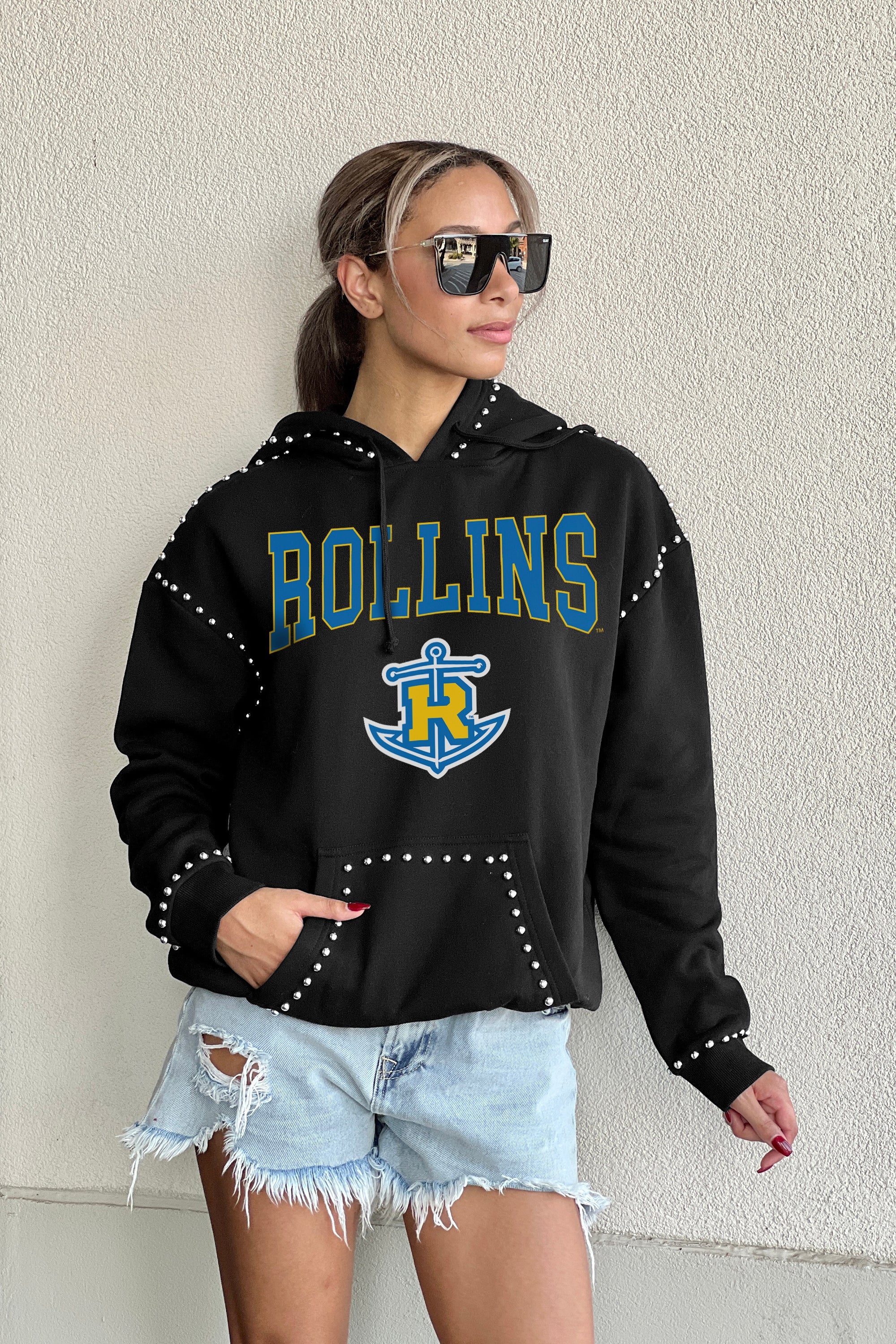 ROLLINS COLLEGE TARS BELLE OF THE BALL STUDDED FLEECE HOODIE - Side Profile | Gameday Couture - SOHO