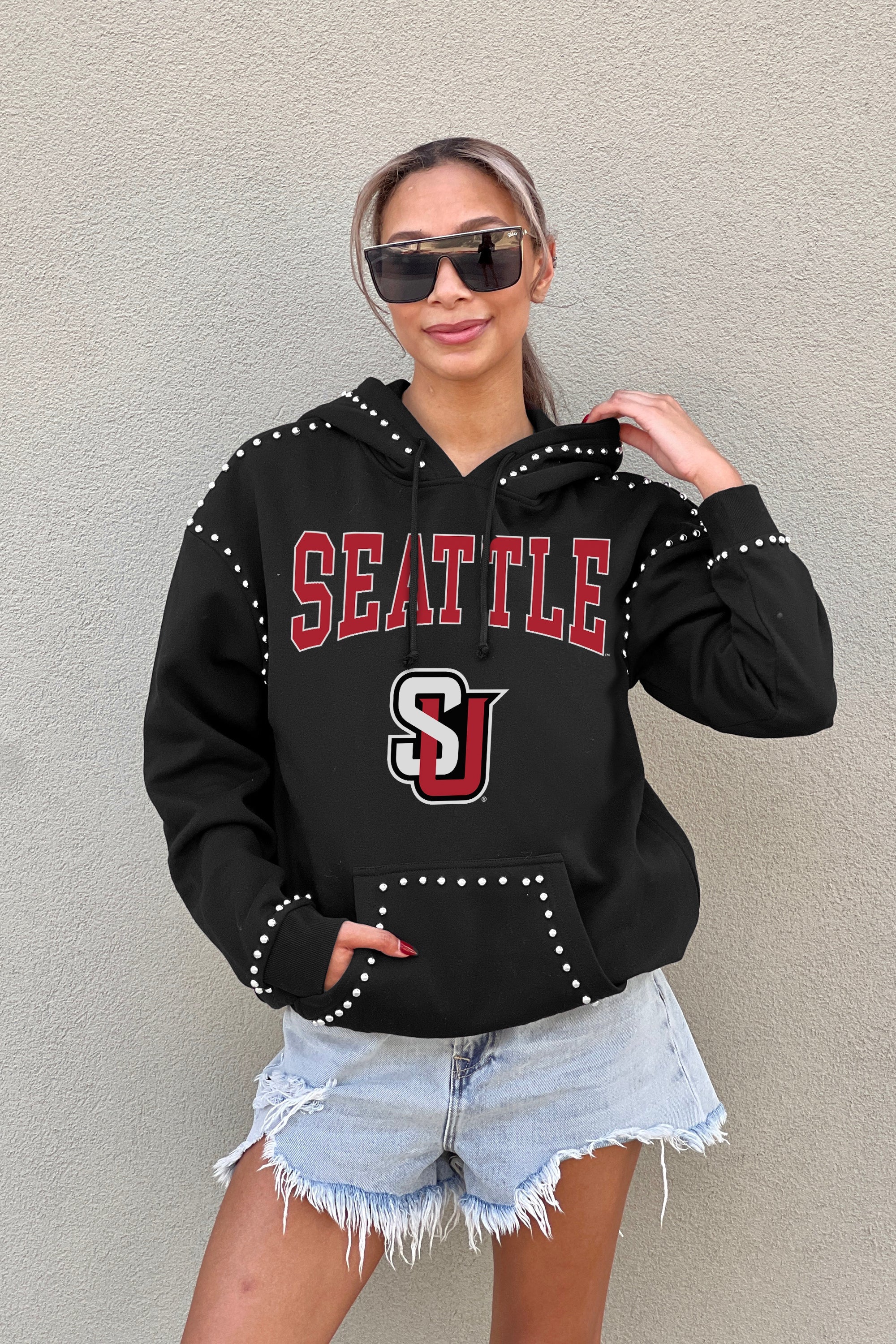 SEATTLE U REDHAWKS BELLE OF THE BALL STUDDED DETAIL FLEECE FRONT POCKET HOODIE