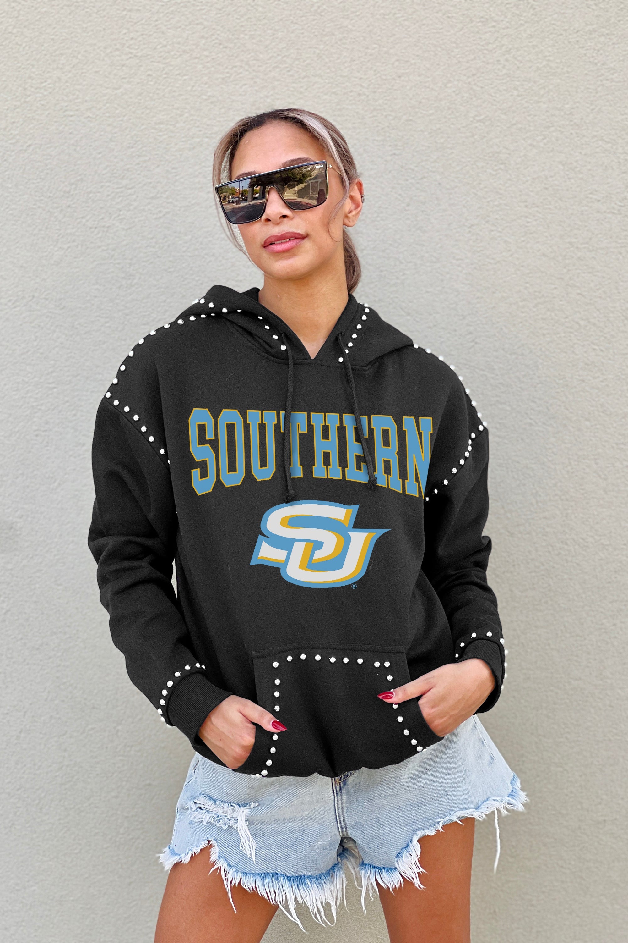 SOUTHERN JAGUARS BELLE OF THE BALL STUDDED DETAIL FLEECE FRONT POCKET HOODIE