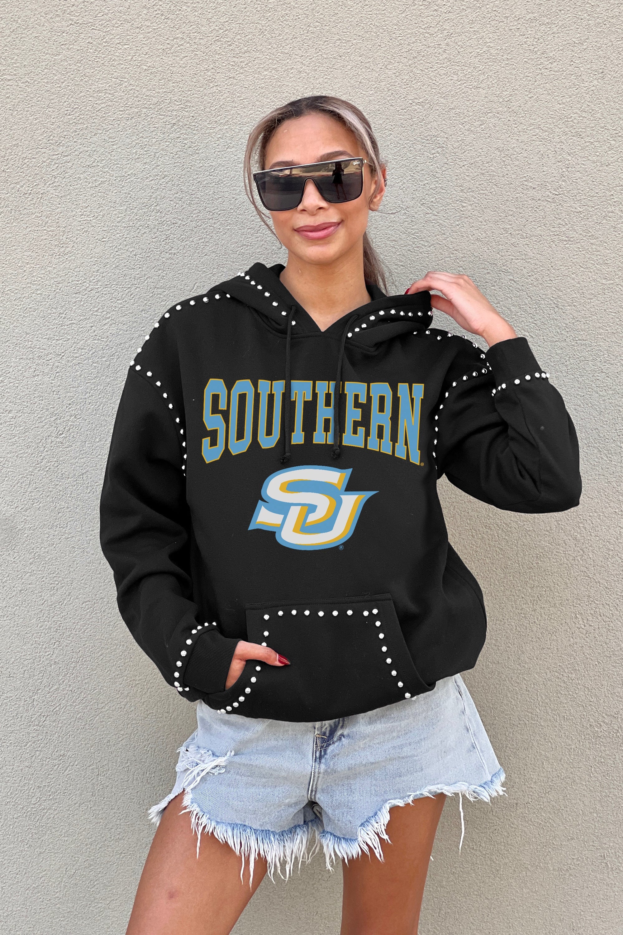 SOUTHERN JAGUARS BELLE OF THE BALL STUDDED DETAIL FLEECE FRONT POCKET HOODIE