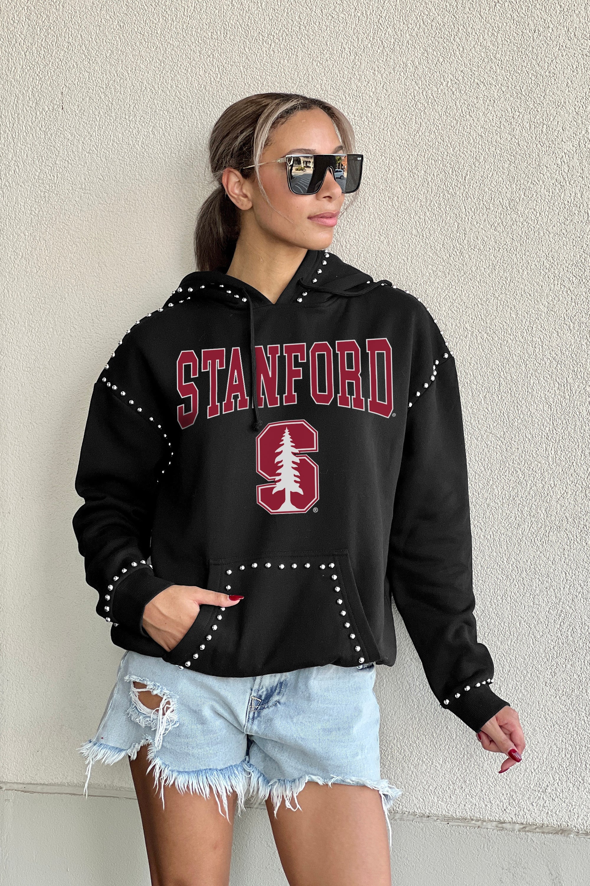 STANFORD CARDINAL BELLE OF THE BALL STUDDED DETAIL FLEECE FRONT POCKET HOODIE