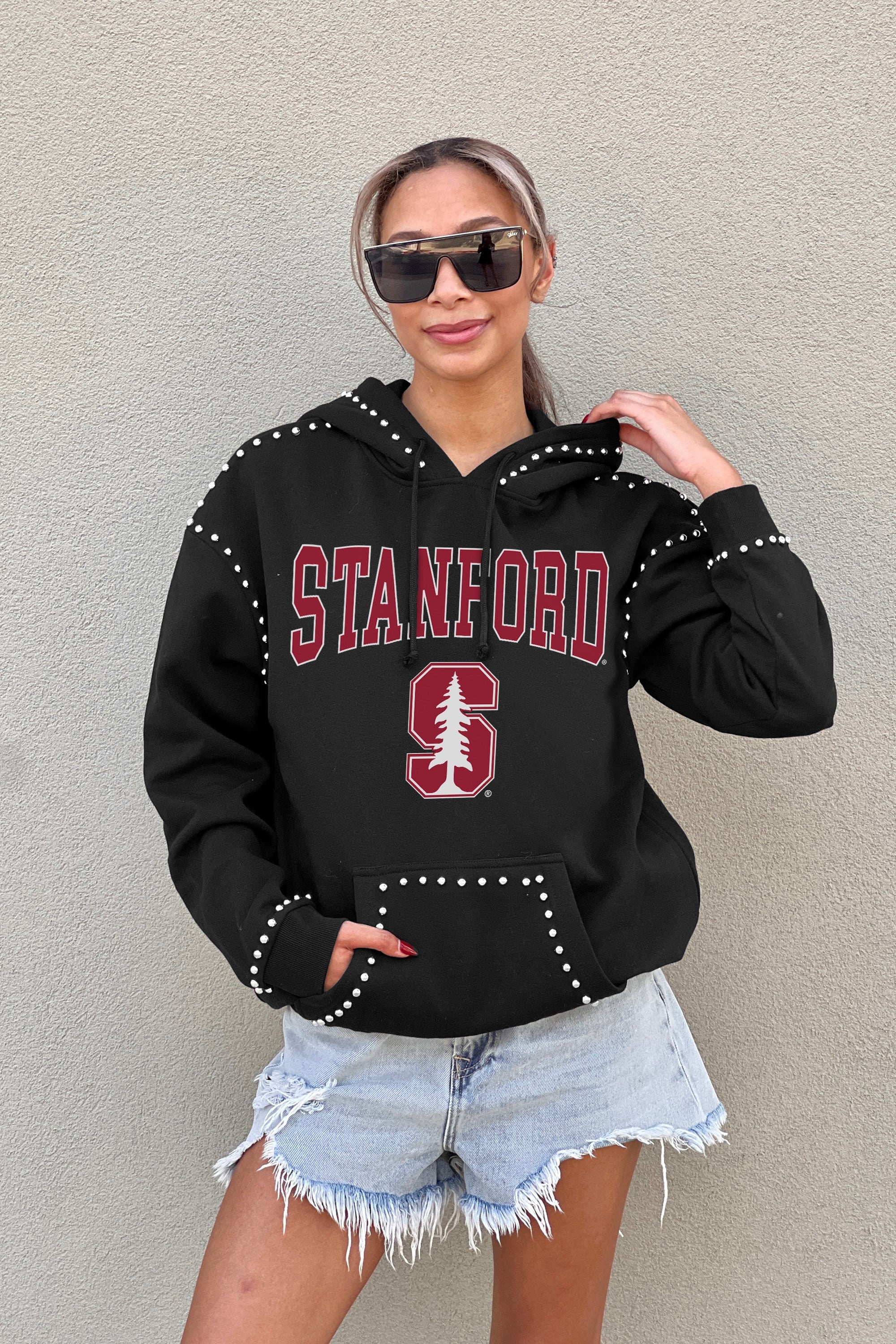 STANFORD CARDINAL BELLE OF THE BALL STUDDED DETAIL FLEECE FRONT POCKET HOODIE