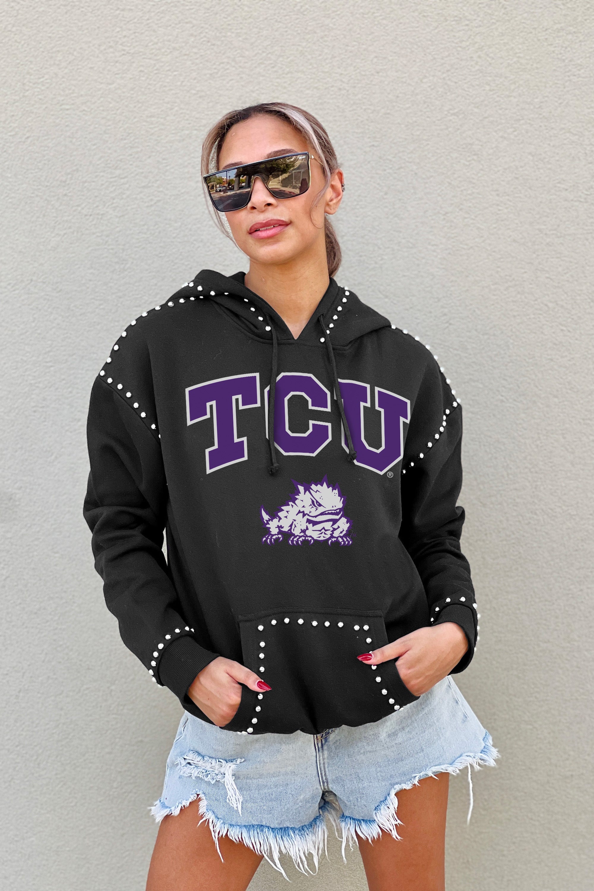 TCU HORNED FROGS BELLE OF THE BALL STUDDED DETAIL FLEECE FRONT POCKET HOODIE