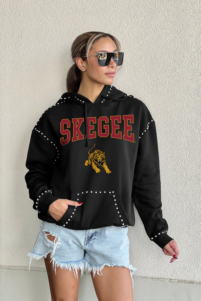 TUSKEGEE GOLDEN TIGERS BELLE OF THE BALL STUDDED DETAIL FLEECE FRONT POCKET HOODIE