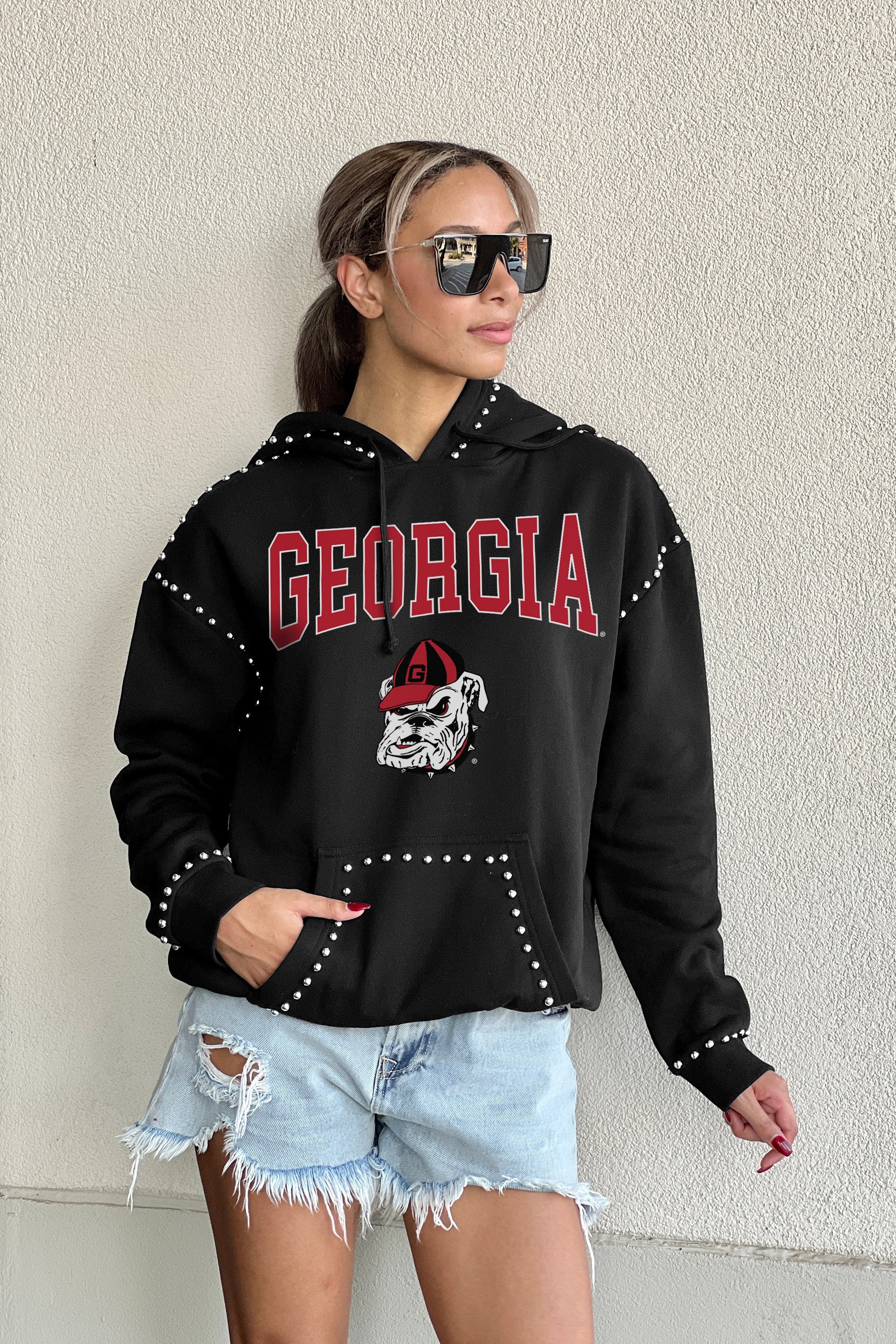 GEORGIA BULLDOGS BELLE OF THE BALL STUDDED DETAIL FLEECE FRONT POCKET HOODIE