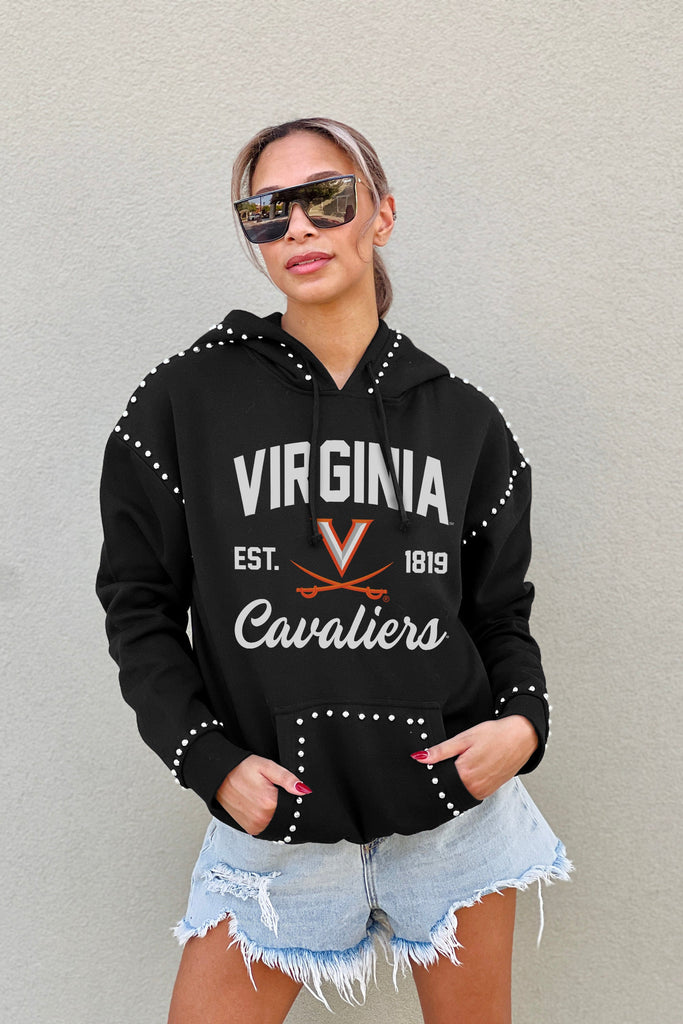 VIRGINIA CAVALIERS HERE FOR IT STUDDED DETAIL FLEECE FRONT POCKET HOODIE