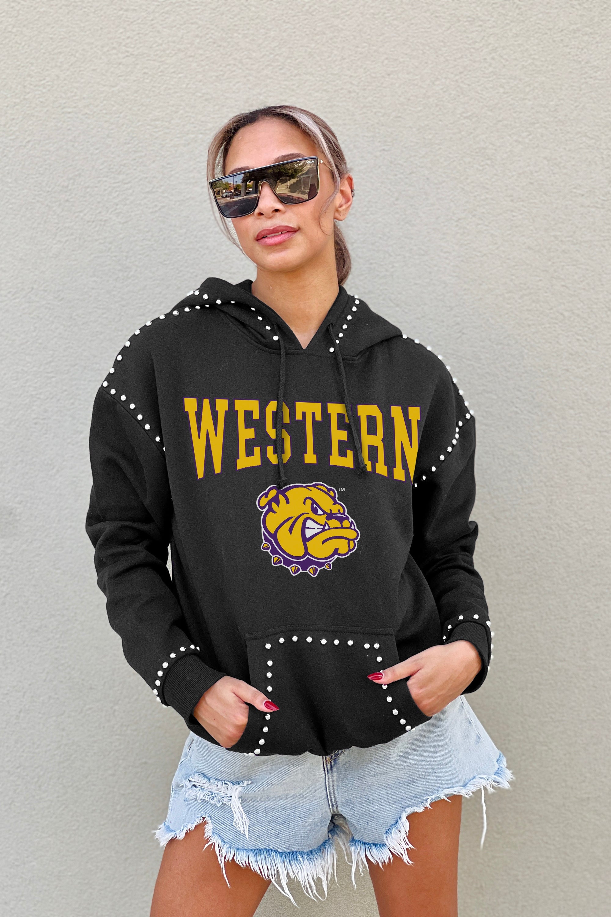 WESTERN ILLINOIS LEATHERNECKS BELLE OF THE BALL STUDDED DETAIL FLEECE FRONT POCKET HOODIE