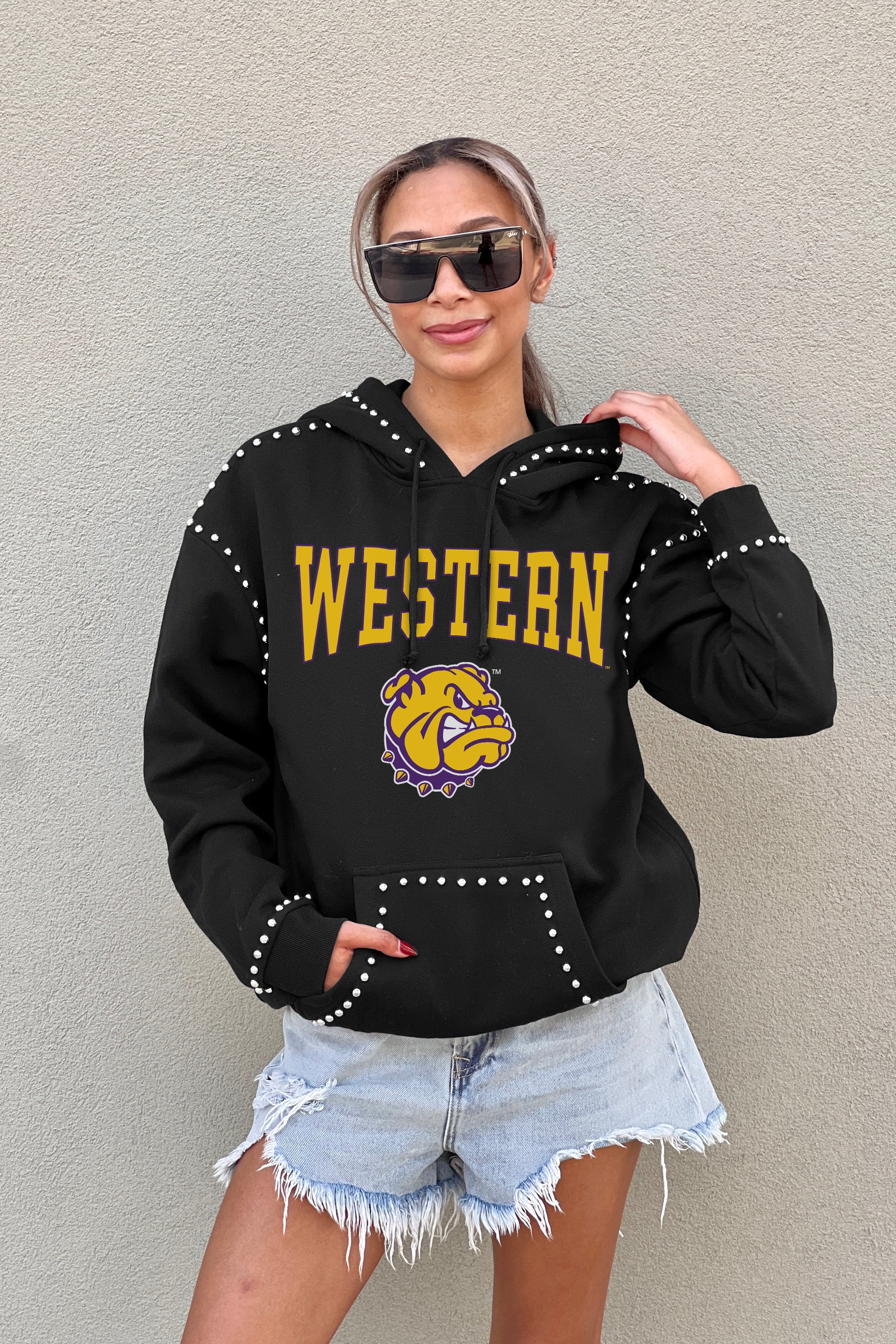 WESTERN ILLINOIS LEATHERNECKS BELLE OF THE BALL STUDDED DETAIL FLEECE FRONT POCKET HOODIE