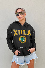 XAVIER UNIVERSITY OF LOUISIANA GOLD BELLE OF THE BALL STUDDED DETAIL FLEECE FRONT POCKET HOODIE - Front View | Gameday Couture - SOHO