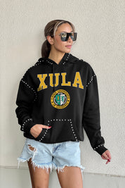 XAVIER UNIVERSITY OF LOUISIANA GOLD BELLE OF THE BALL STUDDED DETAIL FLEECE FRONT POCKET HOODIE - Side Profile | Gameday Couture - SOHO