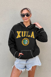 XAVIER UNIVERSITY OF LOUISIANA GOLD BELLE OF THE BALL STUDDED DETAIL FLEECE FRONT POCKET HOODIE - Styled Look | Gameday Couture - SOHO