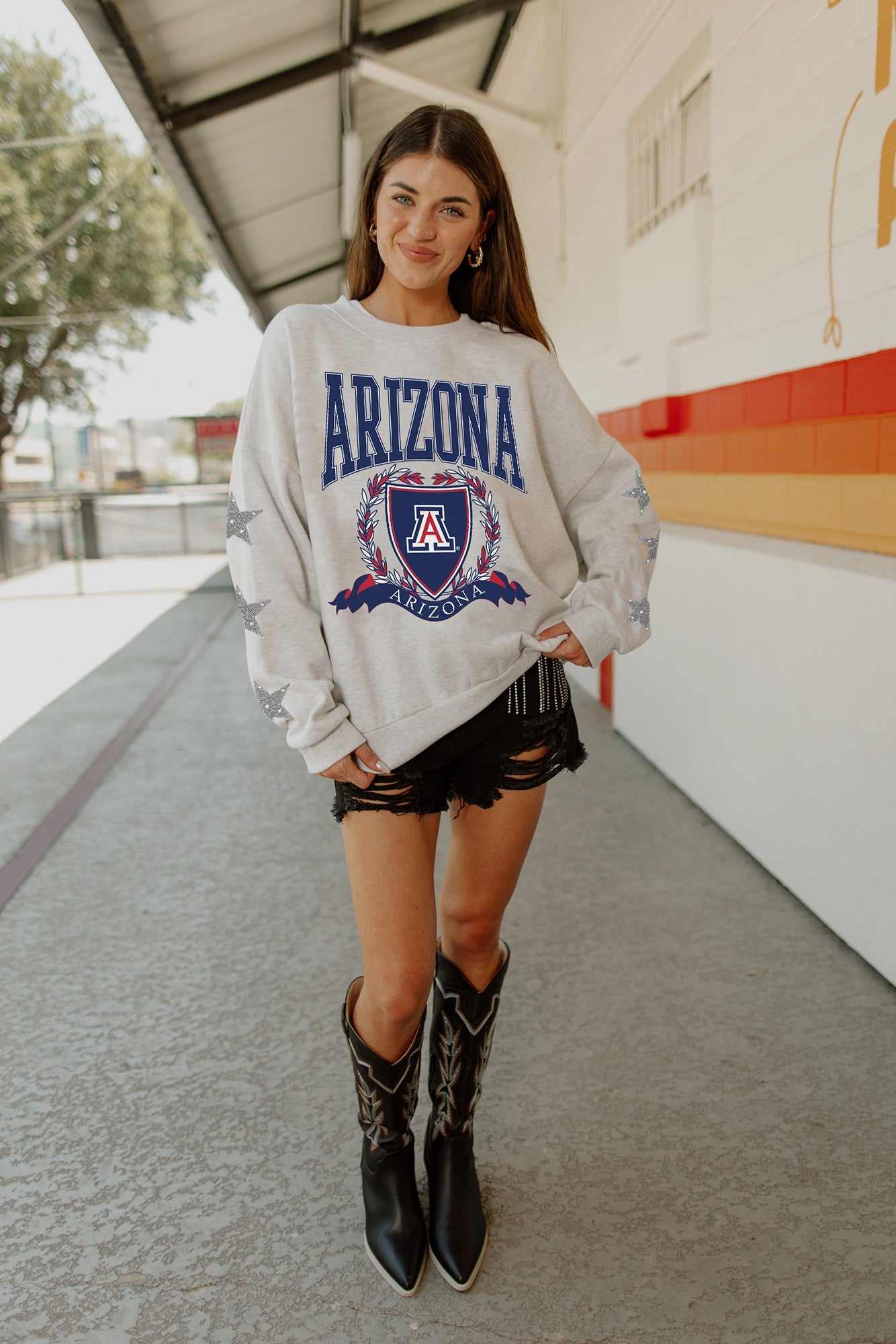 ARIZONA WILDCATS ALLSTAR EMBELLISHED SLEEVE CREWNECK PULLOVER BY MADI PREWETT TROUTT