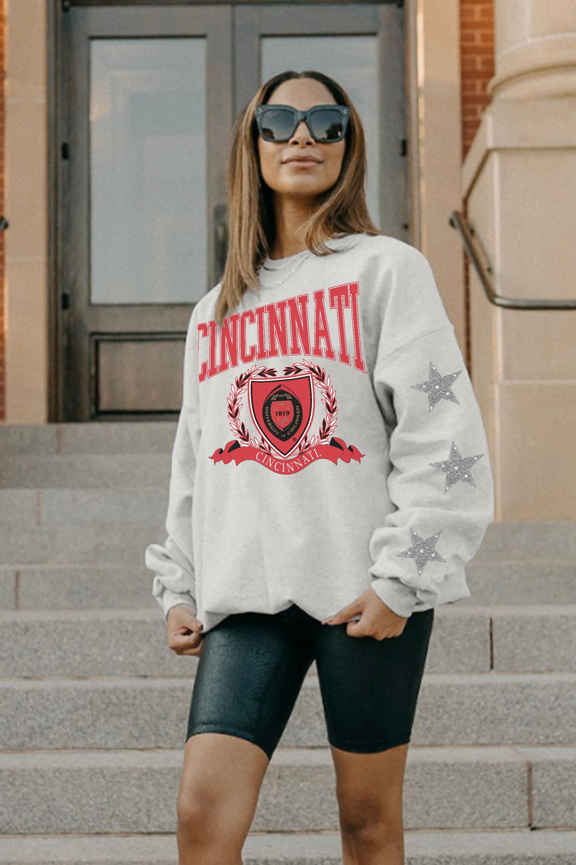 CINCINNATI BEARCATS ALLSTAR EMBELLISHED SLEEVE CREWNECK PULLOVER BY MADI PREWETT TROUTT