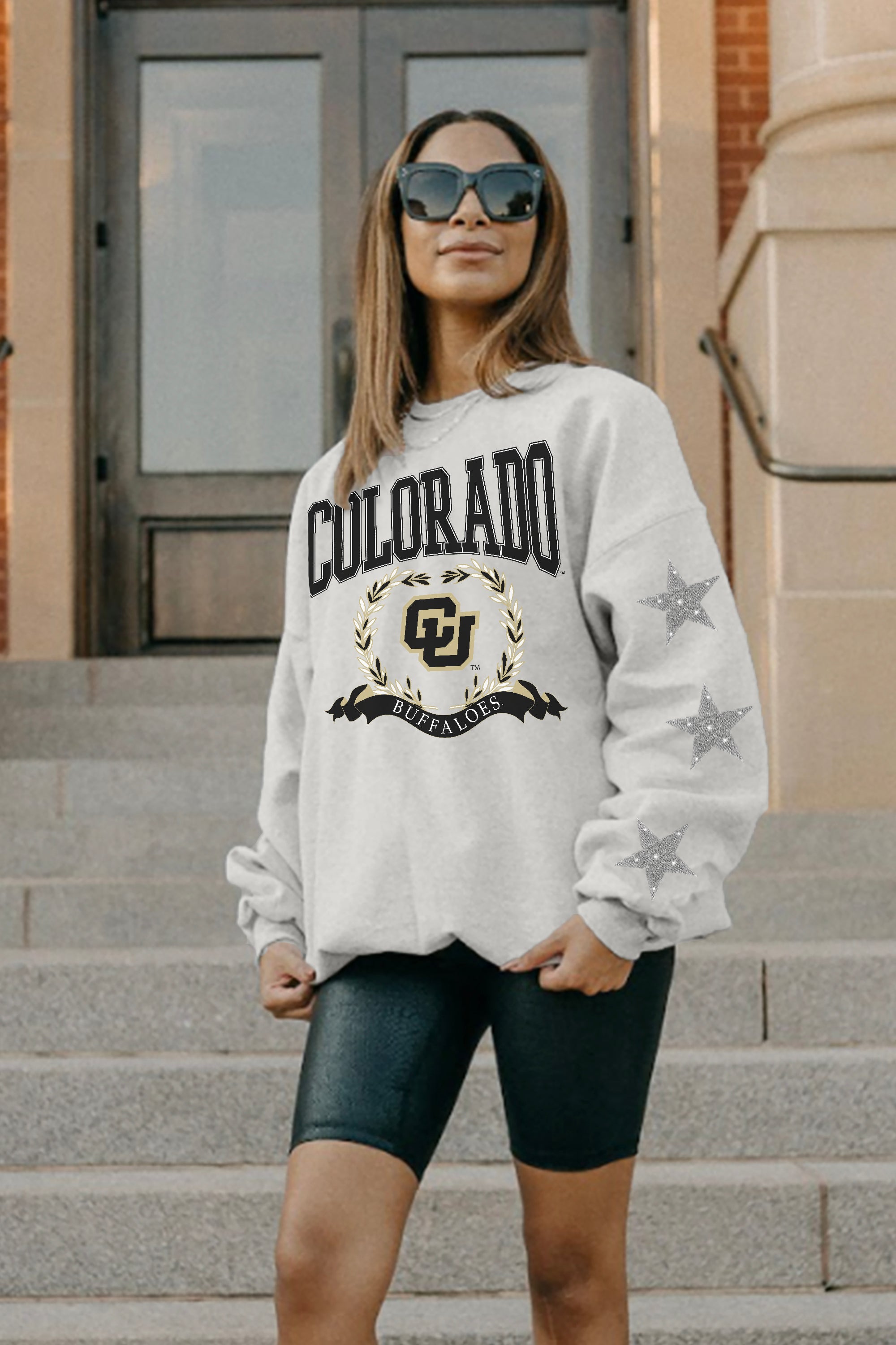 COLORADO BUFFALOES ALLSTAR EMBELLISHED SLEEVE CREWNECK PULLOVER BY MADI PREWETT TROUTT