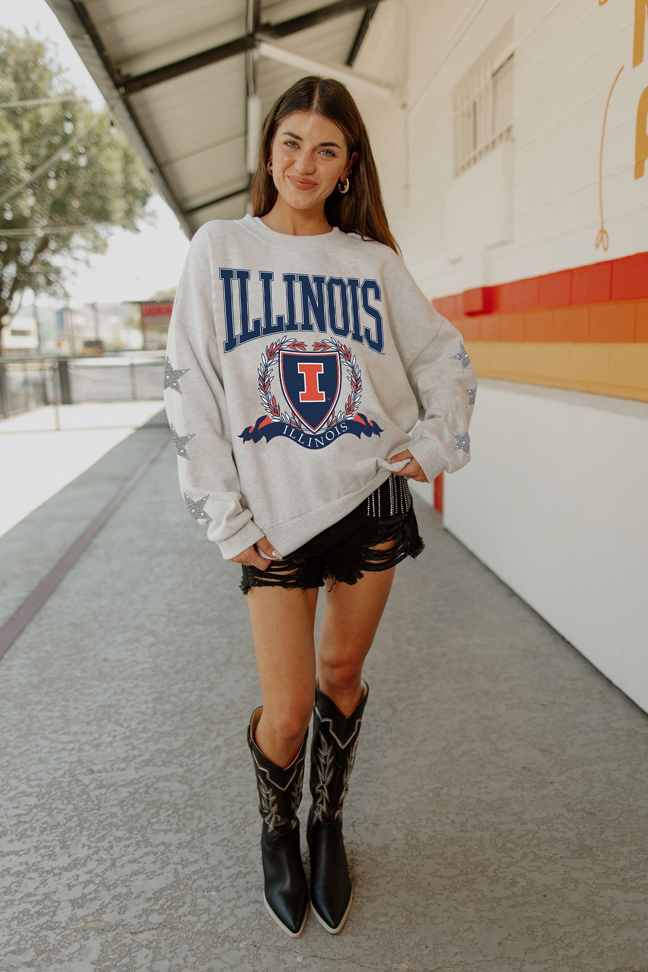 ILLINOIS FIGHTING ILLINI ALLSTAR EMBELLISHED SLEEVE CREWNECK PULLOVER BY MADI PREWETT TROUTT
