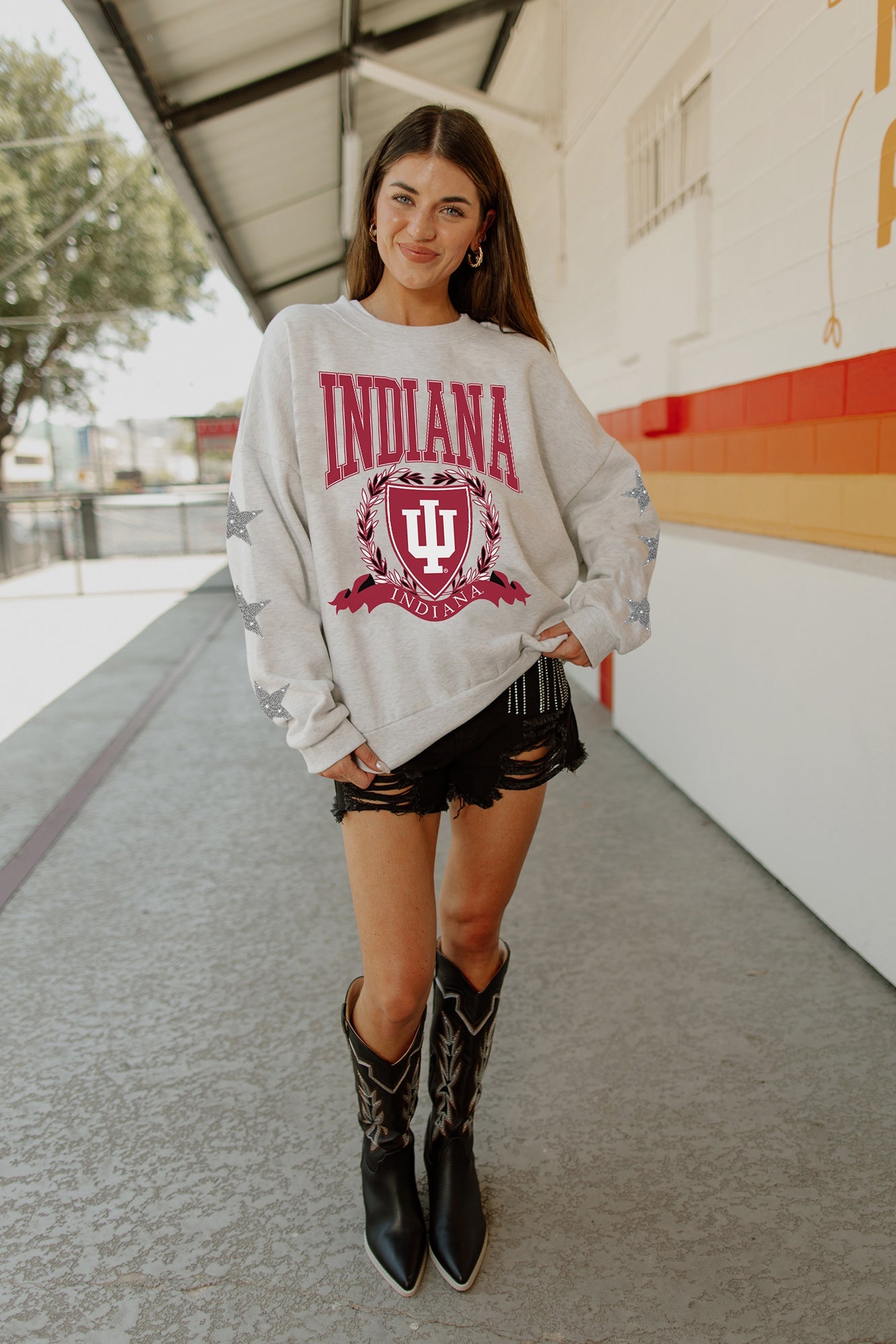 INDIANA HOOSIERS ALLSTAR EMBELLISHED SLEEVE CREWNECK PULLOVER BY MADI PREWETT TROUTT