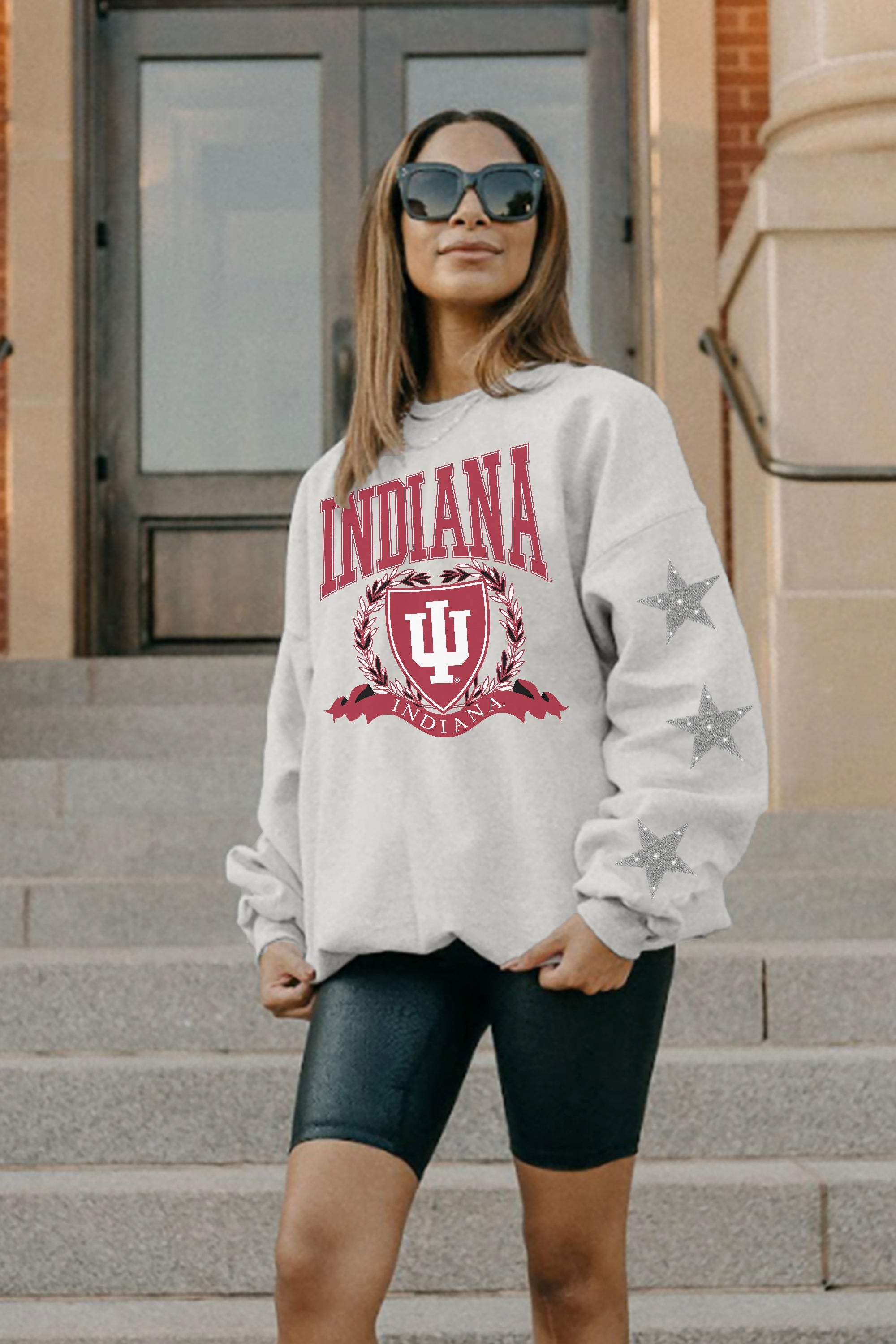 INDIANA HOOSIERS ALLSTAR EMBELLISHED SLEEVE CREWNECK PULLOVER BY MADI PREWETT TROUTT