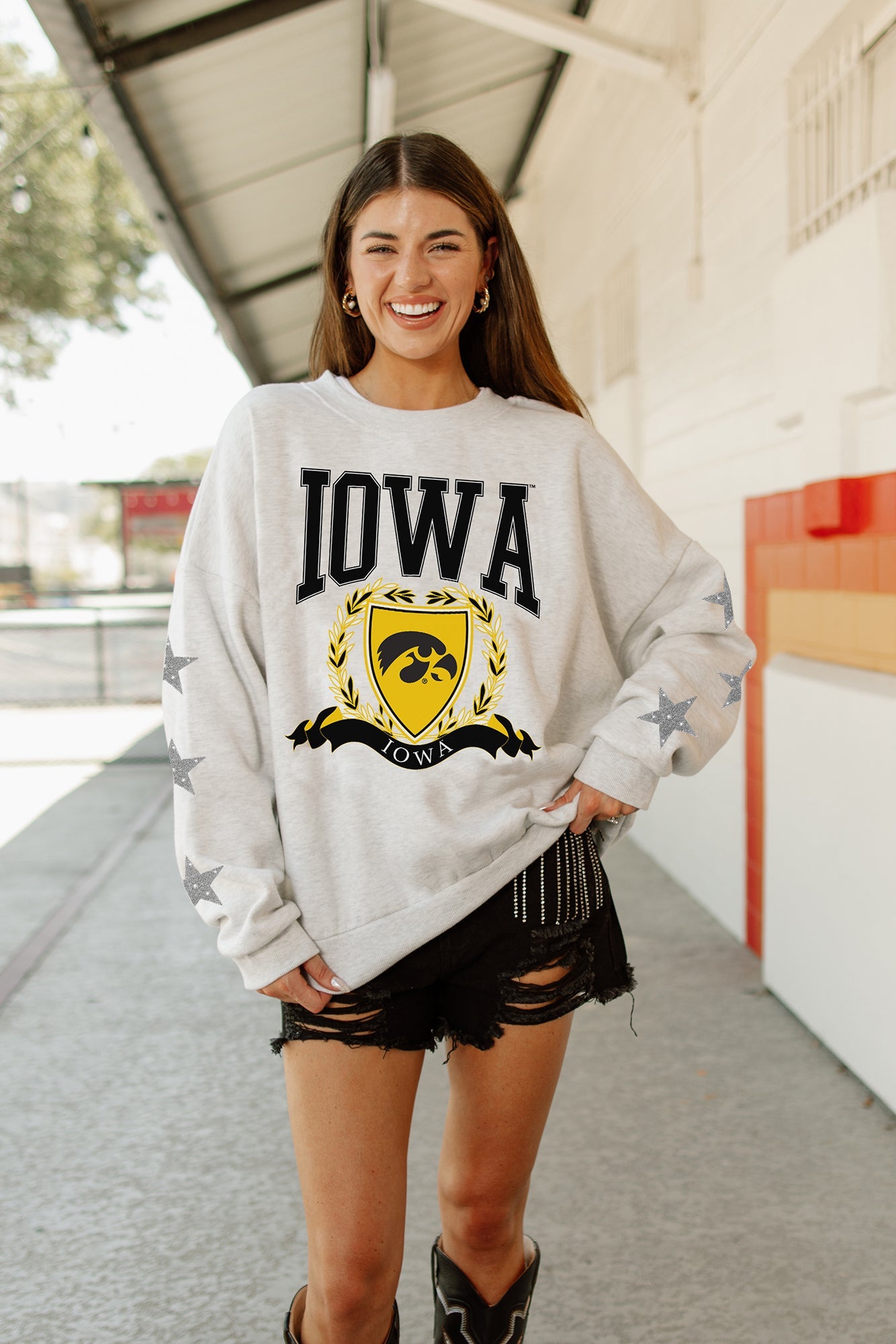 IOWA HAWKEYES ALLSTAR EMBELLISHED SLEEVE CREWNECK PULLOVER BY MADI PREWETT TROUTT