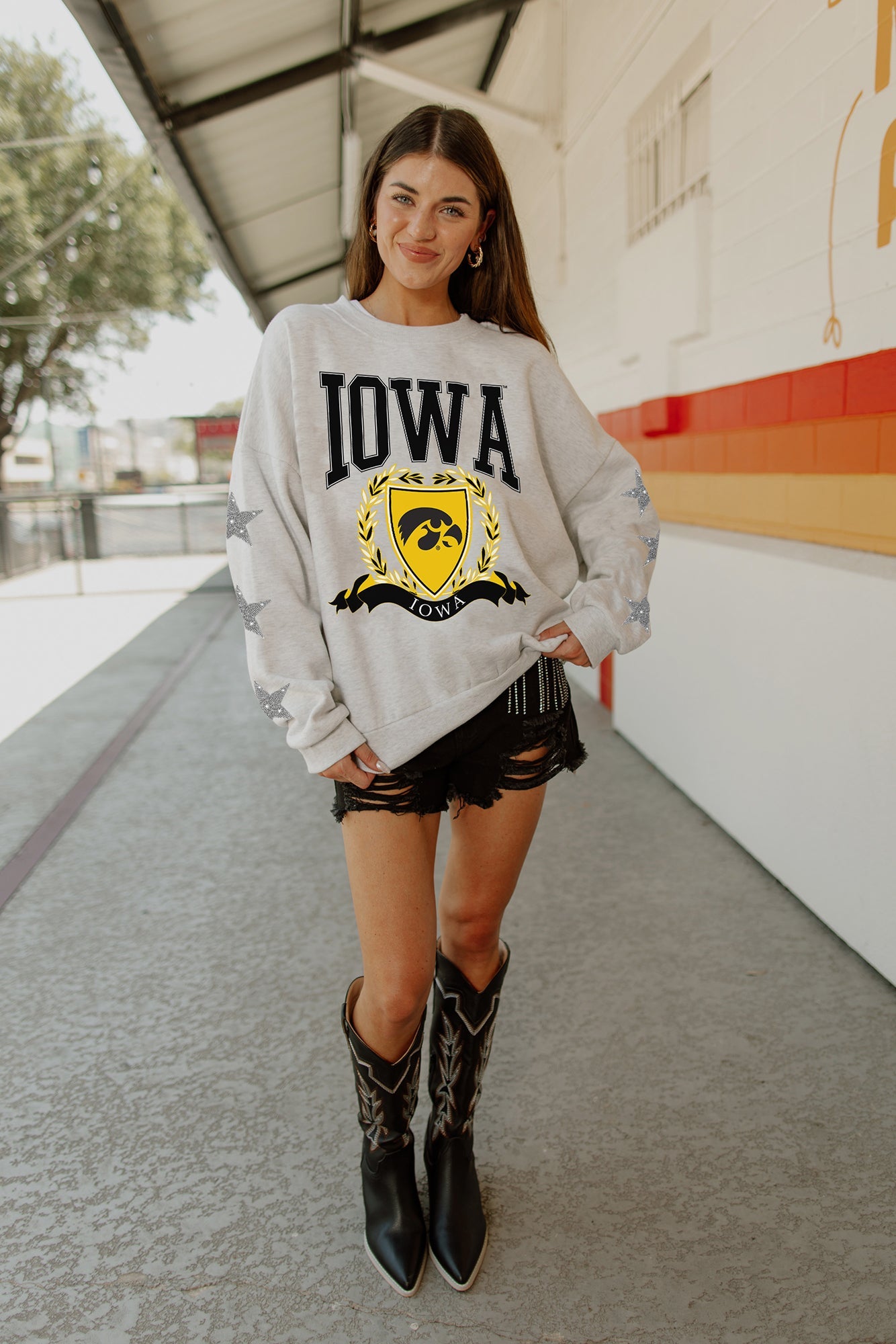 IOWA HAWKEYES ALLSTAR EMBELLISHED SLEEVE CREWNECK PULLOVER BY MADI PREWETT TROUTT