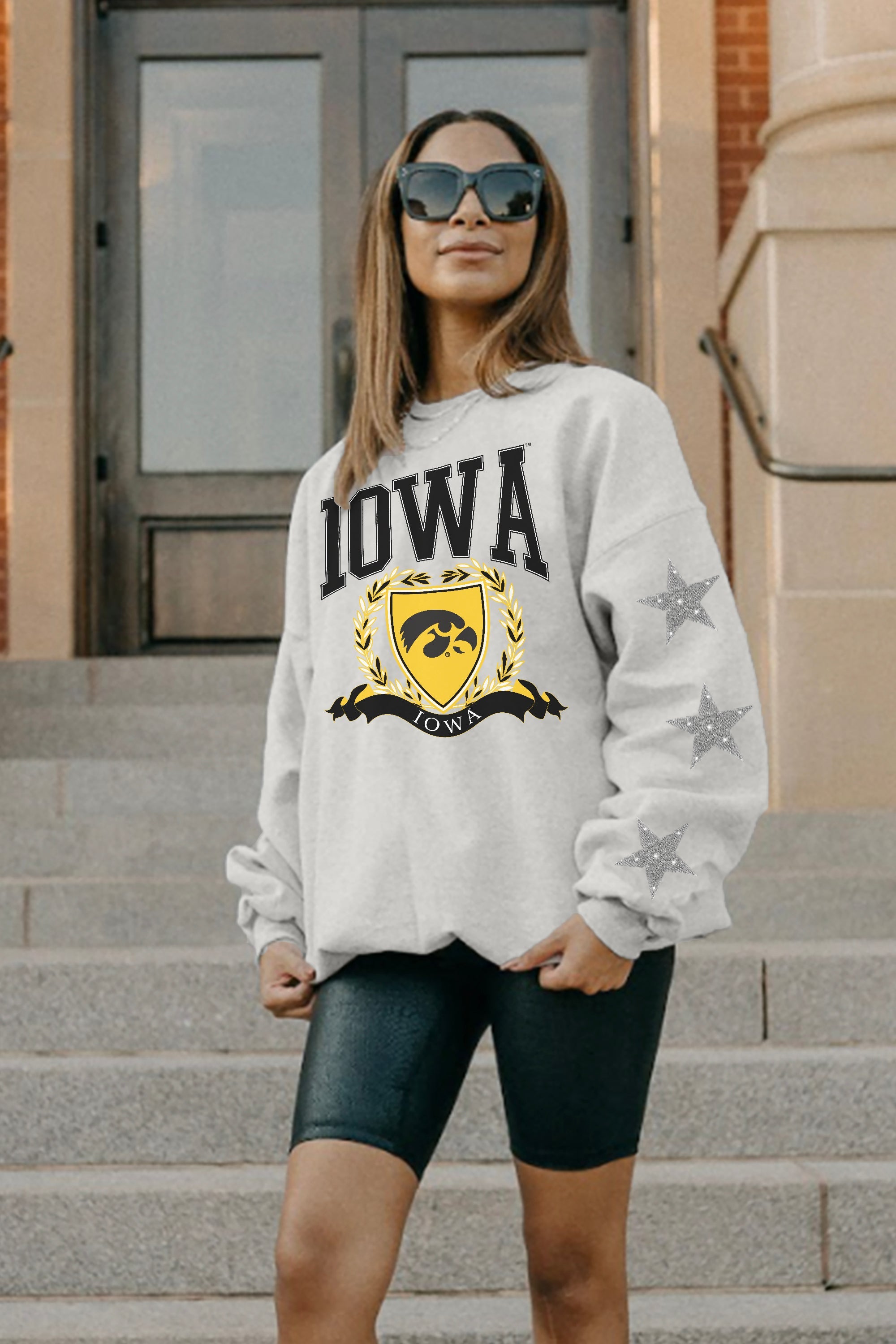 IOWA HAWKEYES ALLSTAR EMBELLISHED SLEEVE CREWNECK PULLOVER BY MADI PREWETT TROUTT