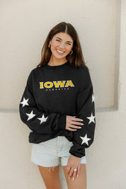 IOWA HAWKEYES SIX STARS EMBELLISHED SLEEVE CREWNECK PULLOVER BY MADI PREWETT TROUTT