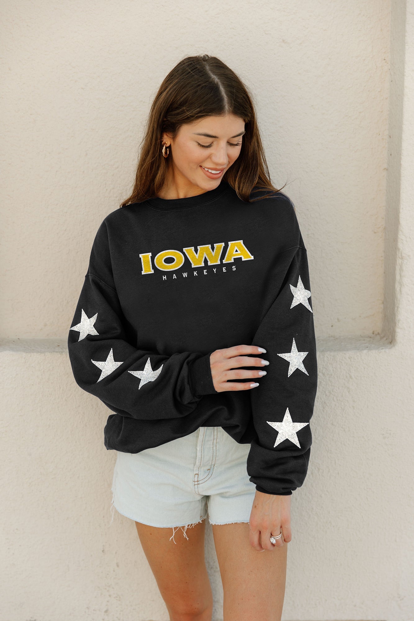 IOWA HAWKEYES SIX STARS EMBELLISHED SLEEVE CREWNECK PULLOVER BY MADI PREWETT TROUTT