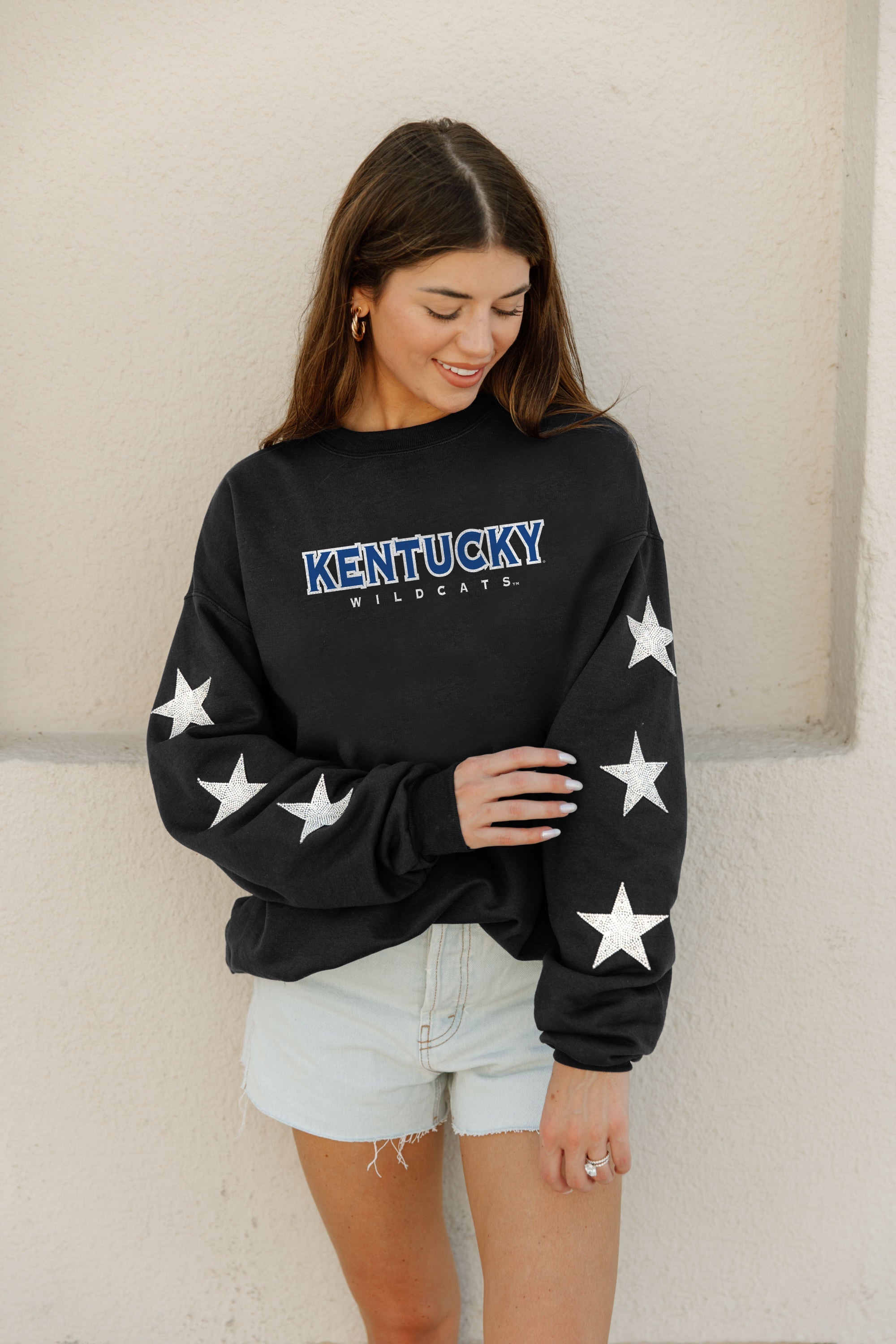 KENTUCKY WILDCATS SIX STARS EMBELLISHED SLEEVE CREWNECK PULLOVER BY MADI PREWETT TROUTT