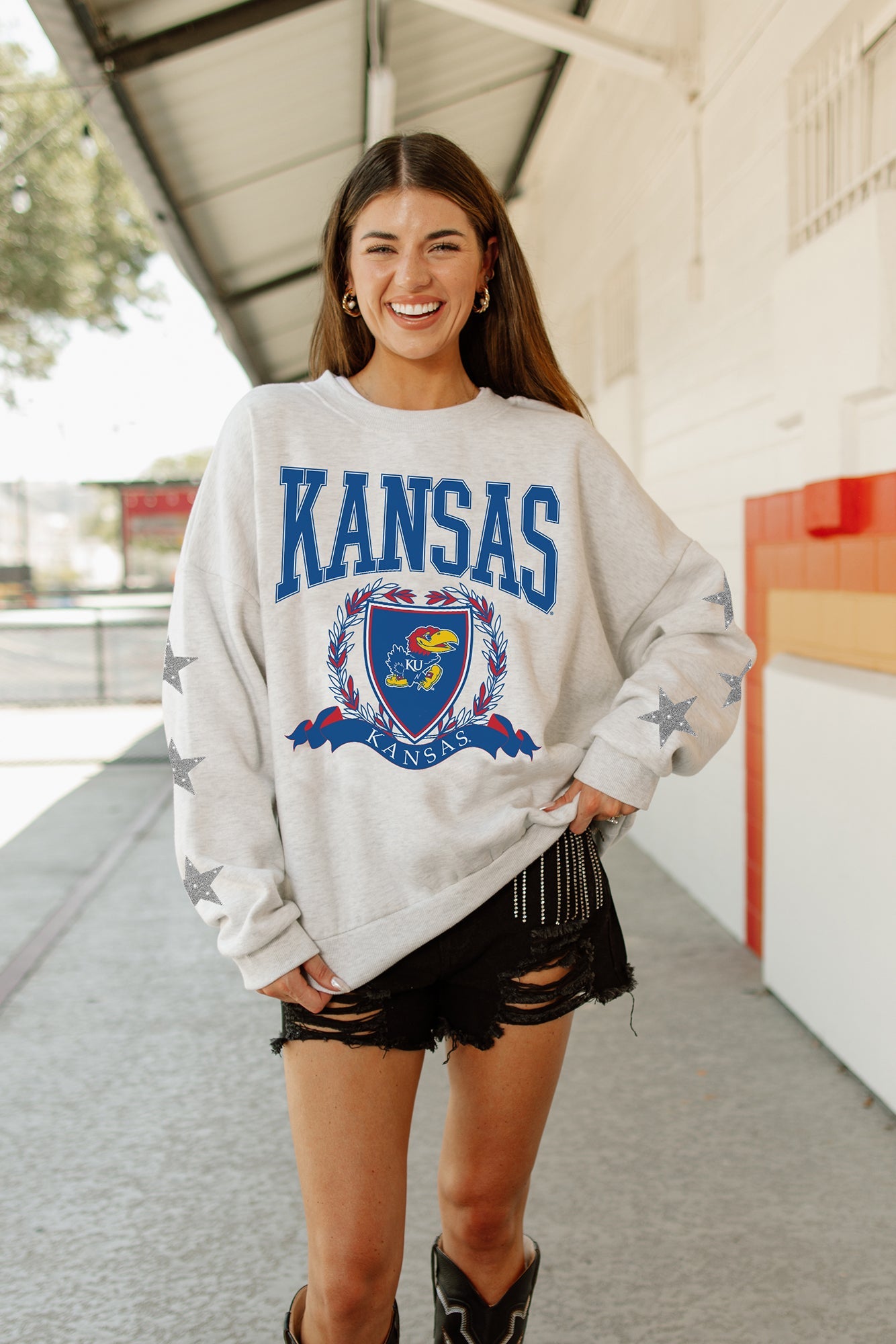 KANSAS JAYHAWKS ALLSTAR EMBELLISHED SLEEVE CREWNECK PULLOVER BY MADI PREWETT TROUTT