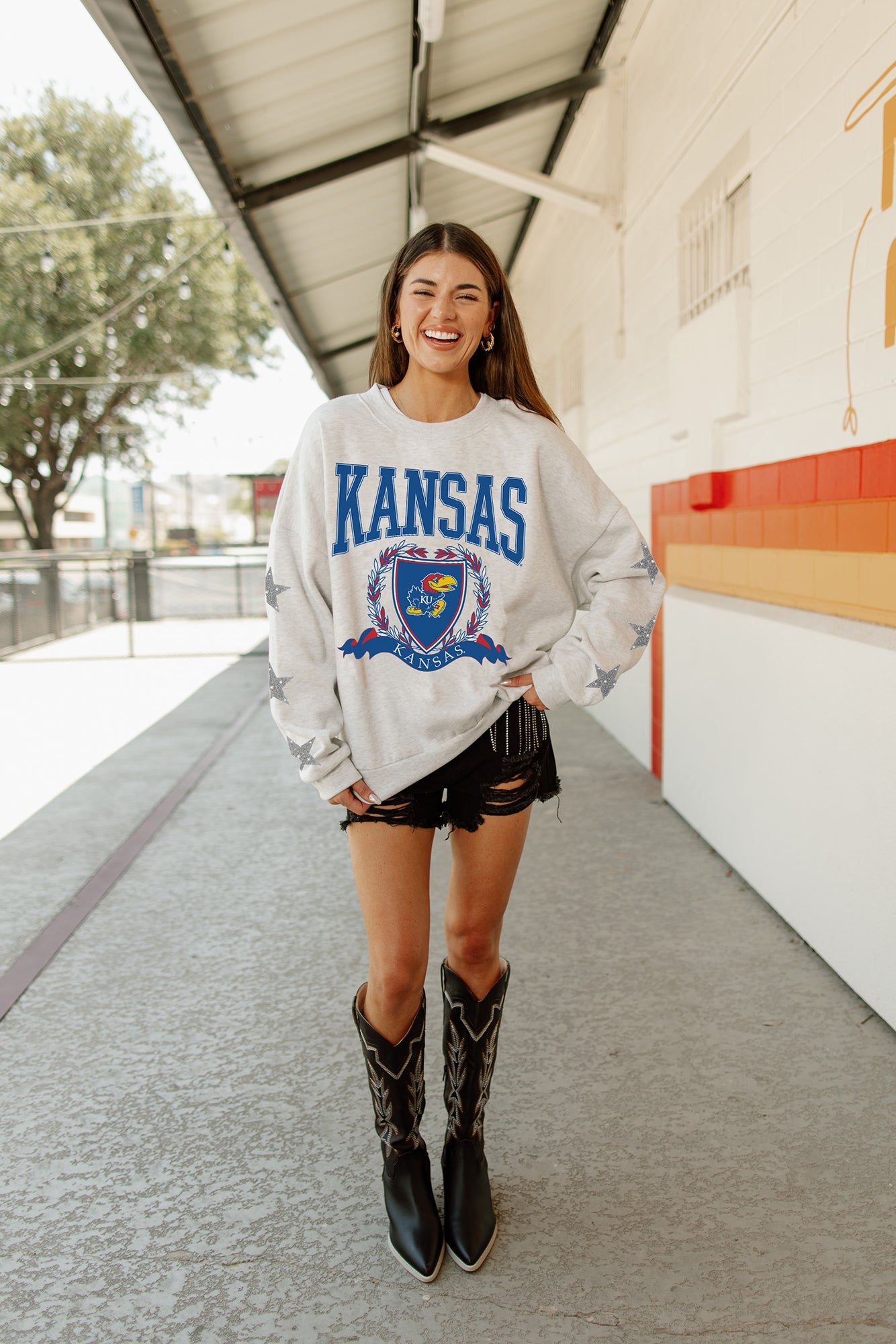 KANSAS JAYHAWKS ALLSTAR EMBELLISHED SLEEVE CREWNECK PULLOVER BY MADI PREWETT TROUTT