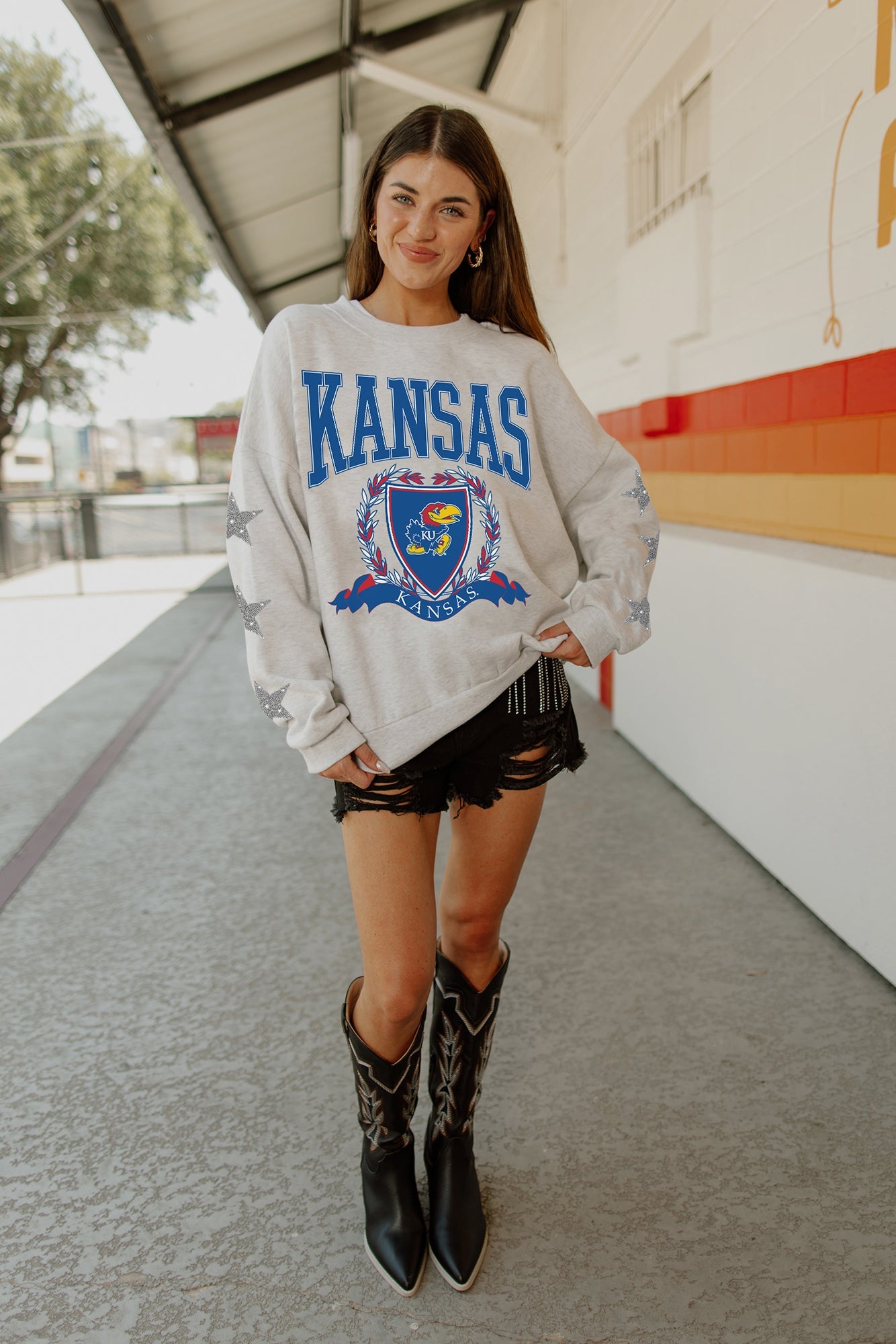 KANSAS JAYHAWKS ALLSTAR EMBELLISHED SLEEVE CREWNECK PULLOVER BY MADI PREWETT TROUTT