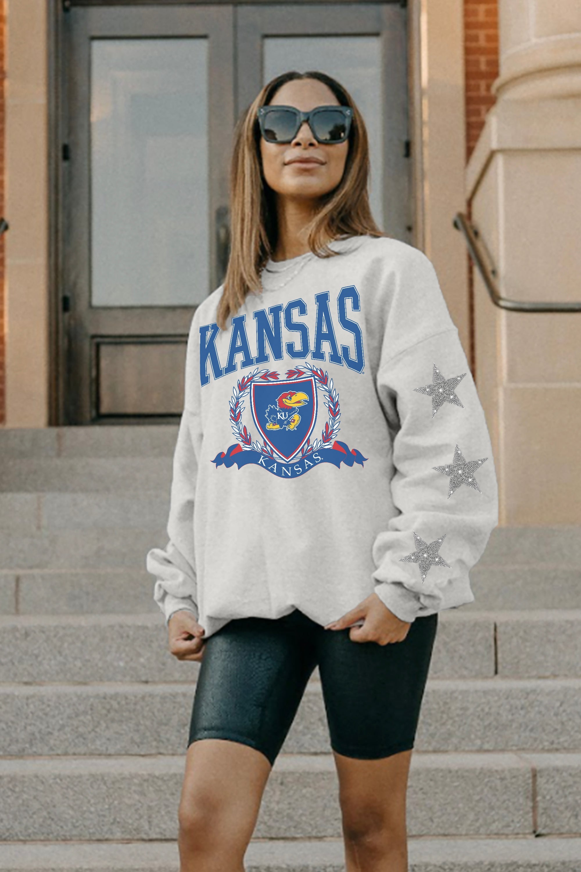 KANSAS JAYHAWKS ALLSTAR EMBELLISHED SLEEVE CREWNECK PULLOVER BY MADI PREWETT TROUTT