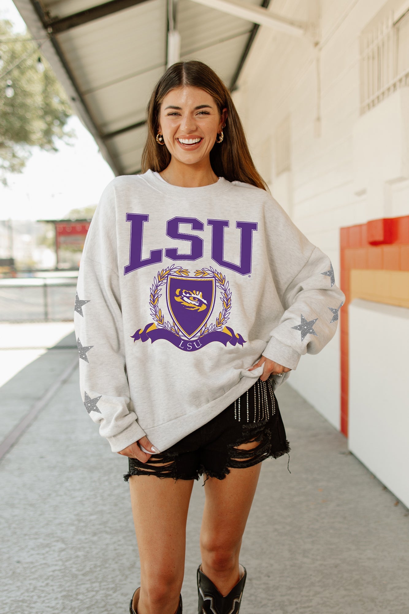 LSU TIGERS ALLSTAR EMBELLISHED SLEEVE CREWNECK PULLOVER BY MADI PREWETT TROUTT