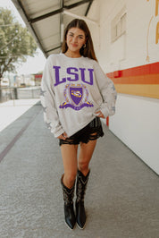 LSU TIGERS ALLSTAR EMBELLISHED SLEEVE CREWNECK PULLOVER BY MADI PREWETT TROUTT