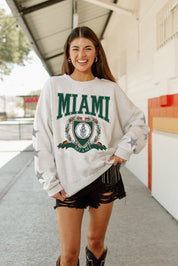 MIAMI HURRICANES ALLSTAR EMBELLISHED SLEEVE CREWNECK PULLOVER BY MADI PREWETT TROUTT