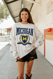 MICHIGAN WOLVERINES ALLSTAR EMBELLISHED SLEEVE CREWNECK PULLOVER BY MADI PREWETT TROUTT