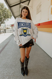 MICHIGAN WOLVERINES ALLSTAR EMBELLISHED SLEEVE CREWNECK PULLOVER BY MADI PREWETT TROUTT