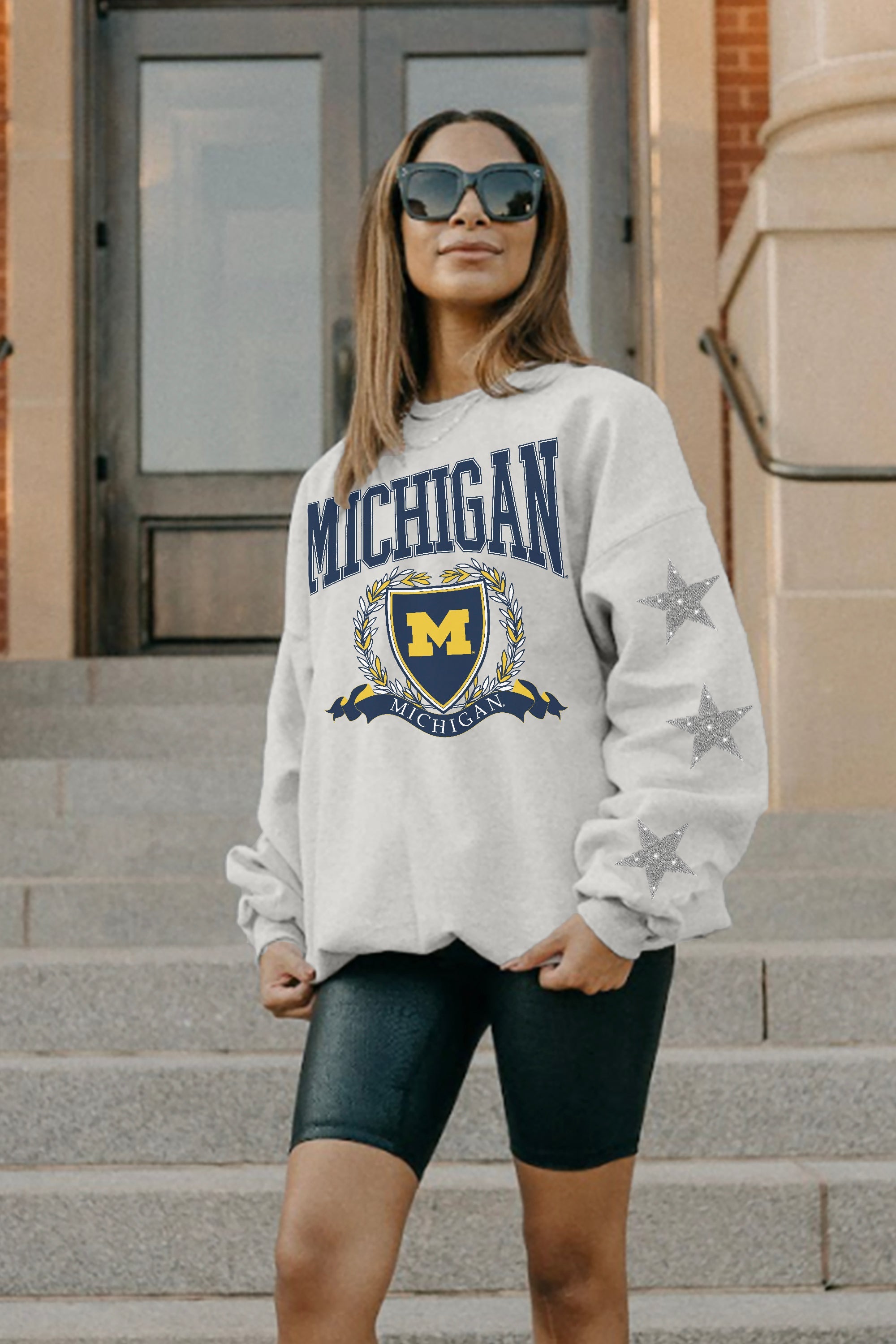 MICHIGAN WOLVERINES ALLSTAR EMBELLISHED SLEEVE CREWNECK PULLOVER BY MADI PREWETT TROUTT