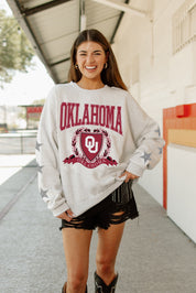 OKLAHOMA SOONERS ALLSTAR EMBELLISHED SLEEVE CREWNECK PULLOVER BY MADI PREWETT TROUTT