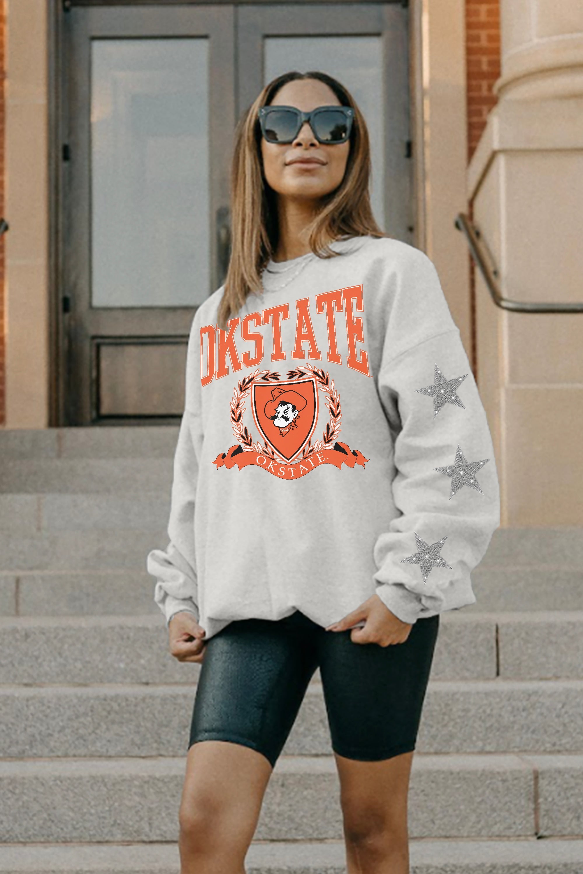 OKLAHOMA STATE COWBOYS ALLSTAR EMBELLISHED SLEEVE CREWNECK PULLOVER BY MADI PREWETT TROUTT