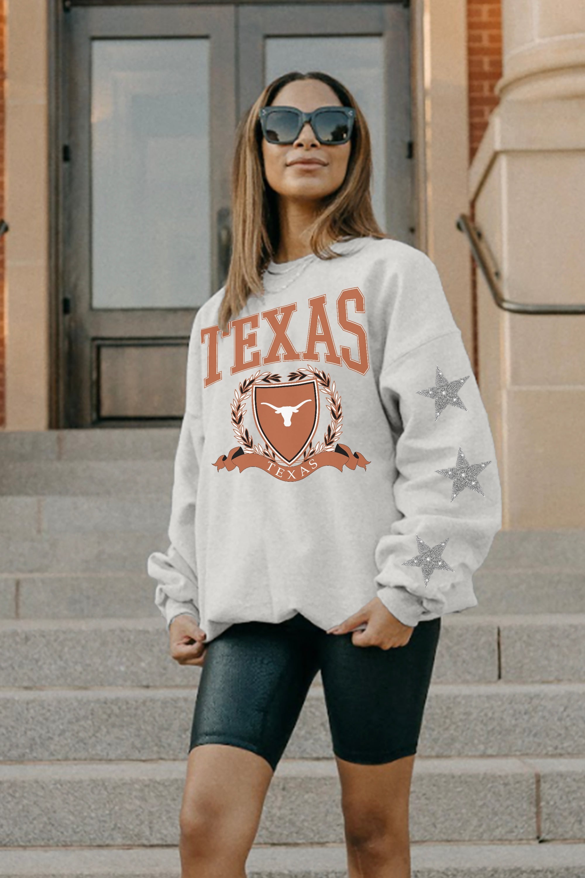 TEXAS LONGHORNS ALLSTAR EMBELLISHED SLEEVE CREWNECK PULLOVER BY MADI PREWETT TROUTT