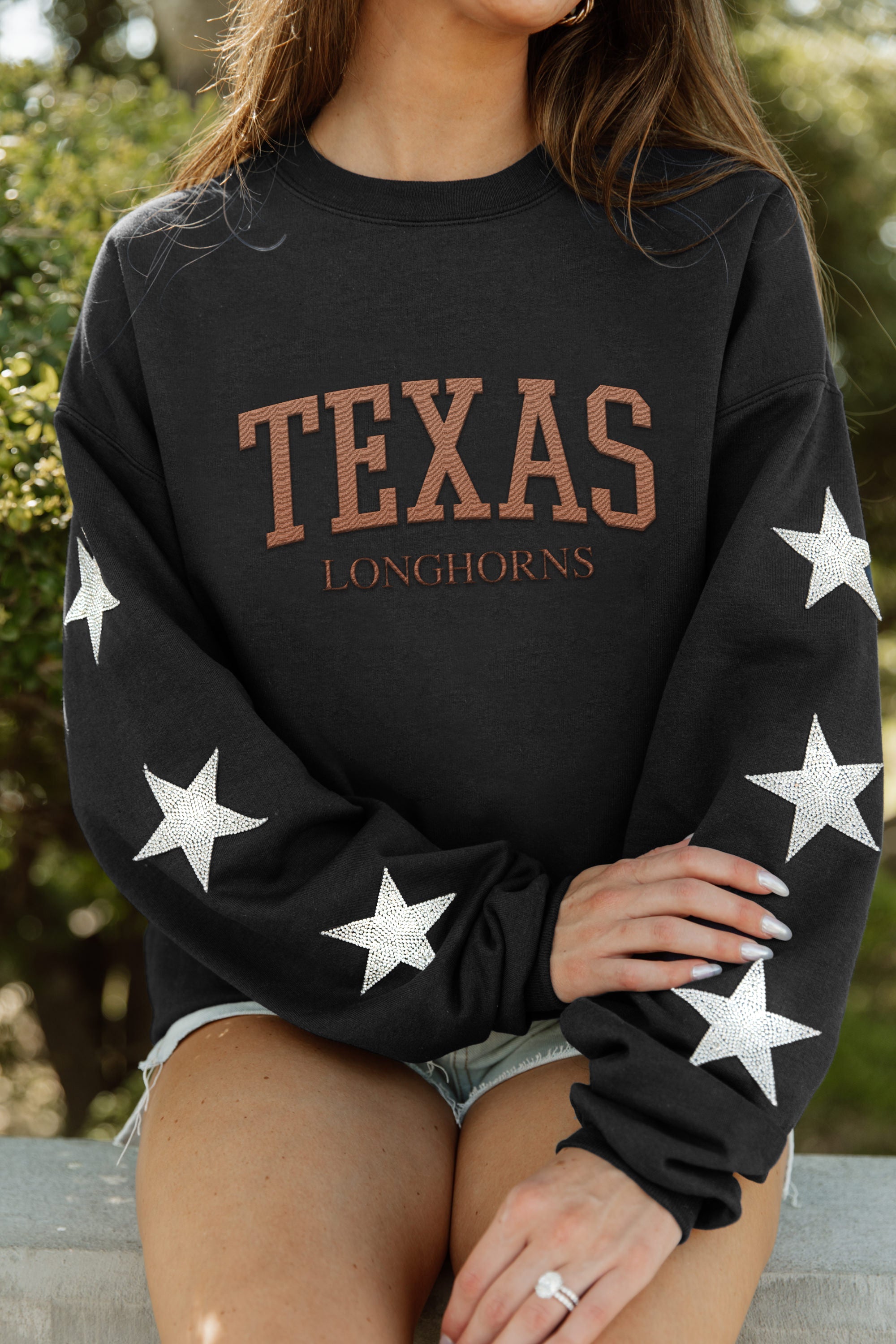 TEXAS LONGHORNS WINNING TEAM EMBELLISHED SLEEVE CREWNECK PULLOVER BY MADI PREWETT TROUTT